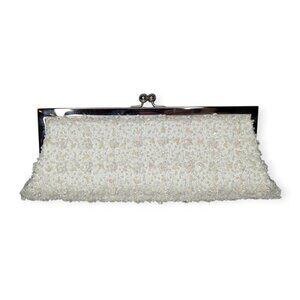 Valerie Stevens White Beaded Clutch/Shoulder Bag/Handbag Kiss Lock 11"x4.5"